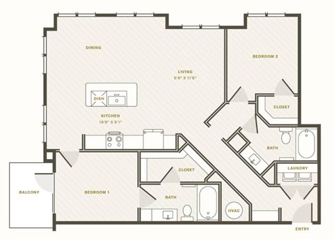 Floor plan for 2 beds, 2 baths, 1195 sqft